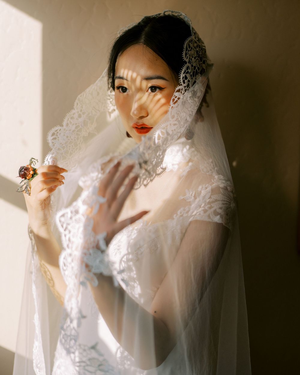 A series of artistic bridal portraits in soft lighting showing delicate lace details and romantic styling.
