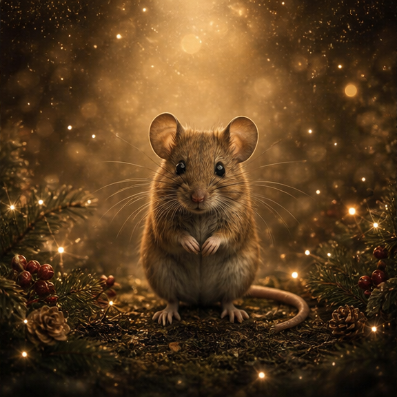 A cute brown mouse sits among pine cones and berries in a magical golden Christmas forest with glowing bokeh lights.