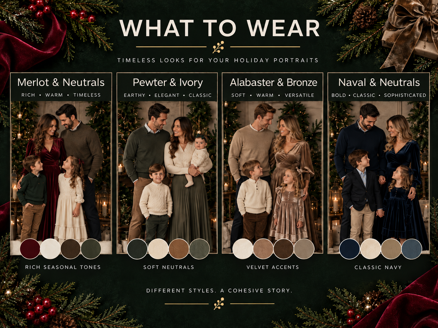 Holiday family portrait style guide featuring four color palettes: Merlot, Pewter, Alabaster, and Naval neutrals.
