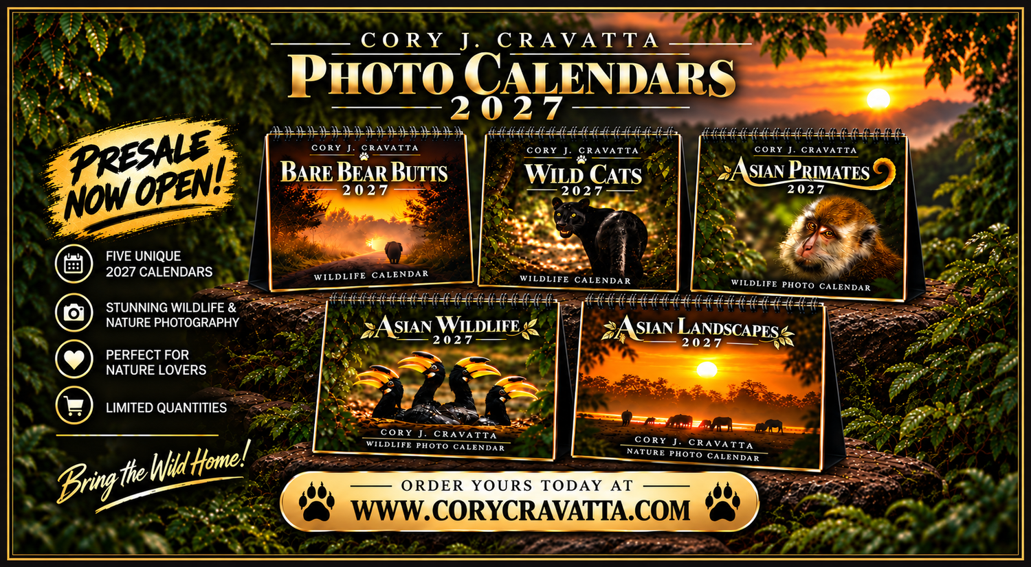 Cory J. Cravatta 2027 wildlife photo calendars presale featuring bear, wild cats, primates, Asian wildlife, and landscapes.
