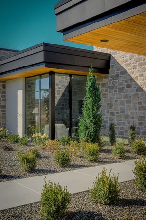 Modern stone home entrance with floor-to-ceiling windows, wood soffit overhang, a concrete walkway and landscaped gravel beds with shrubs.