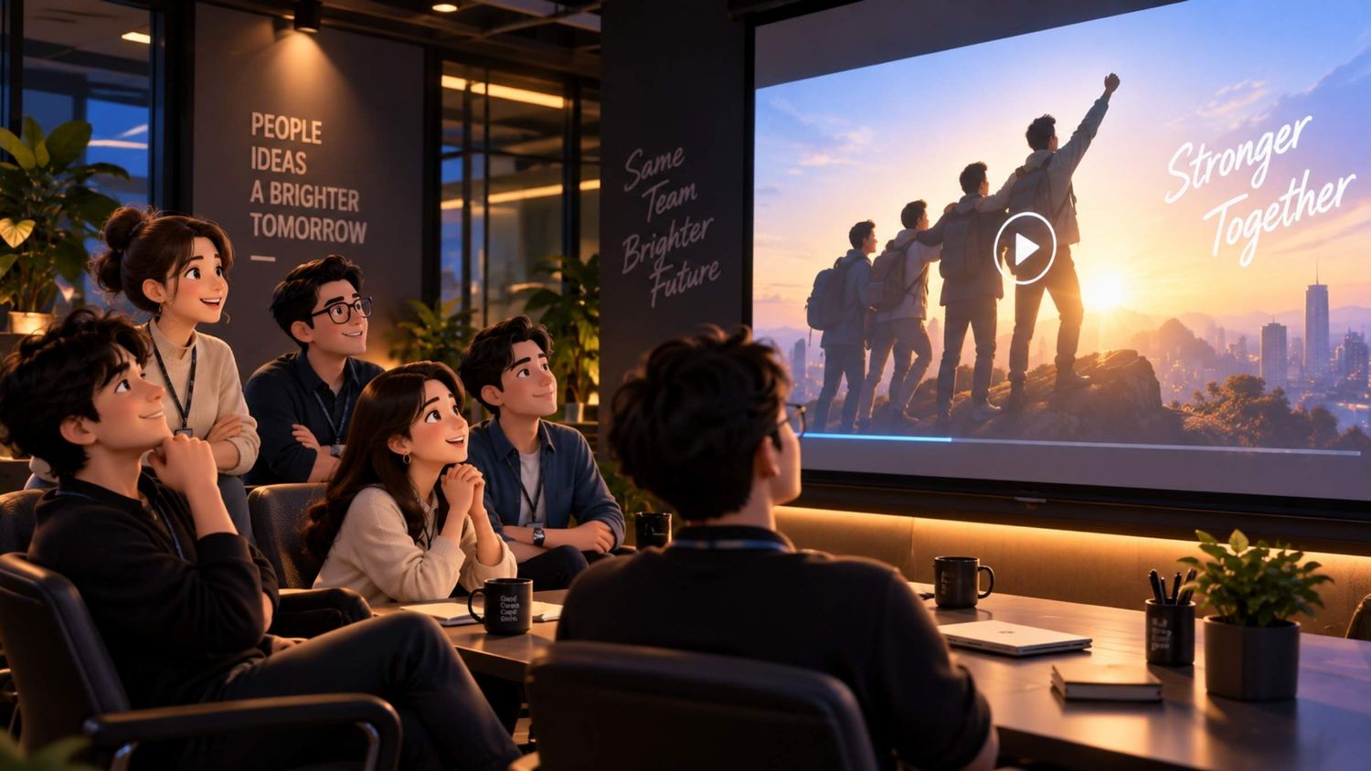 Diverse team watches motivational Stronger Together video presentation in modern office meeting room.