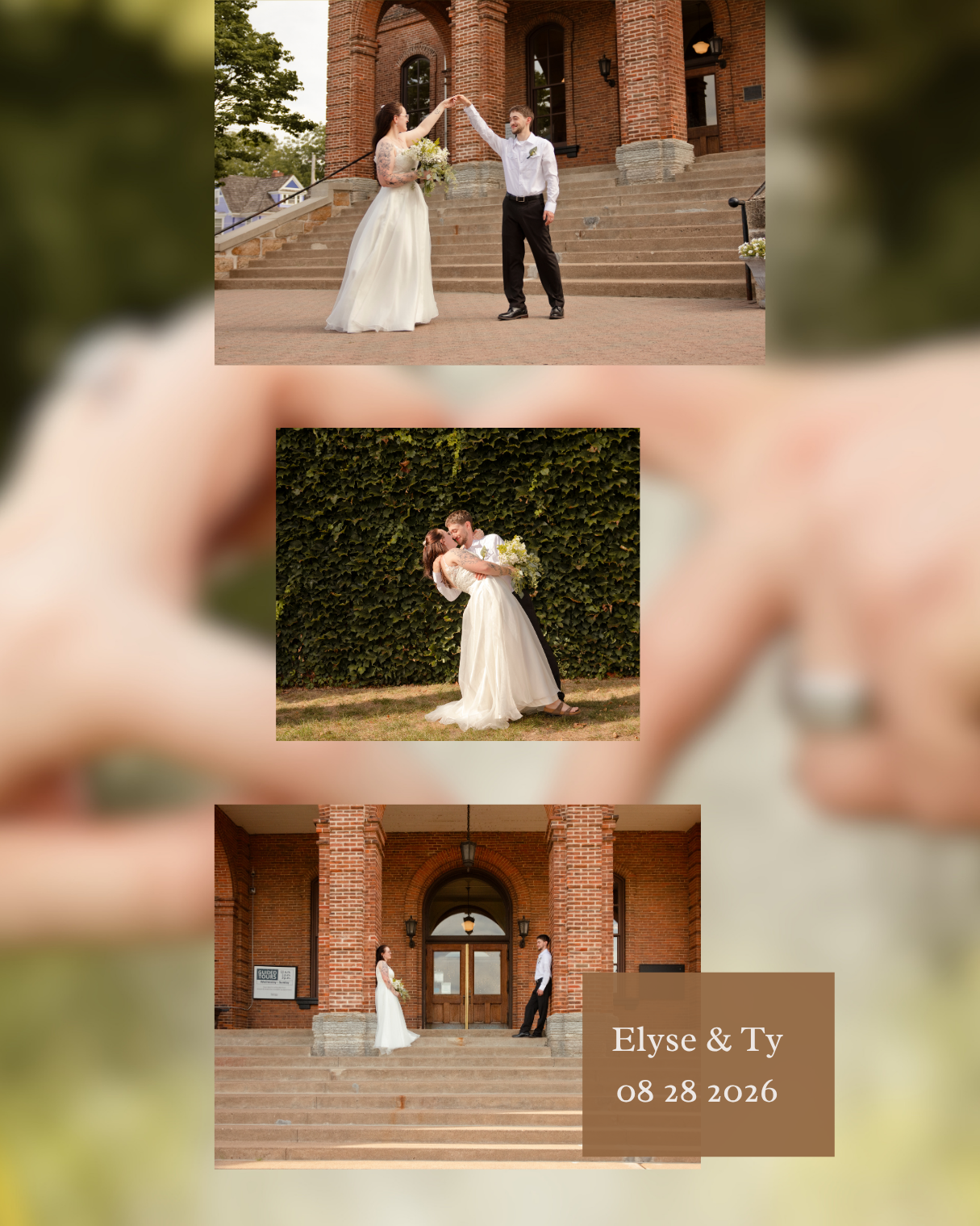 Bride and groom wedding photo collage at brick church, couple dancing on steps, embracing on lawn, dated Elyse & Ty 08 28 2026.