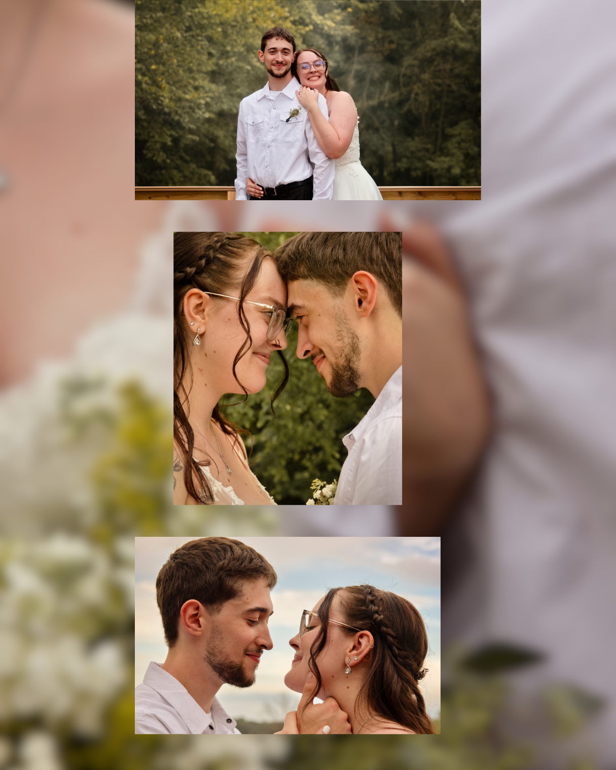 A romantic wedding photo collage featuring a couple sharing intimate moments outdoors, surrounded by lush greenery.