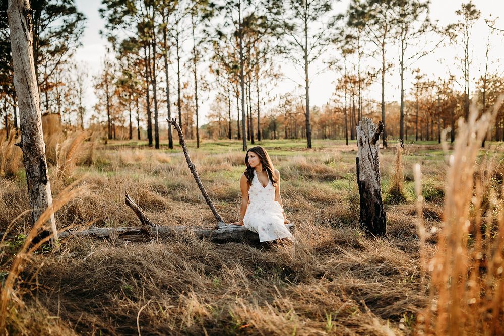 Young woman in white dress sitting on fallen log in golden sunlit pine forest meadow at sunset.
