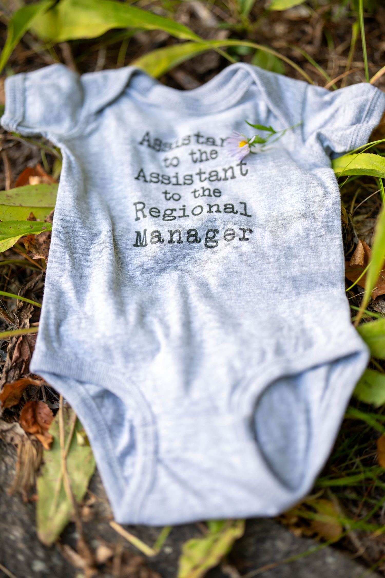 Gray baby onesie with 'Assistant to the Assistant to the Regional Manager' text, laid on grass with a small flower.