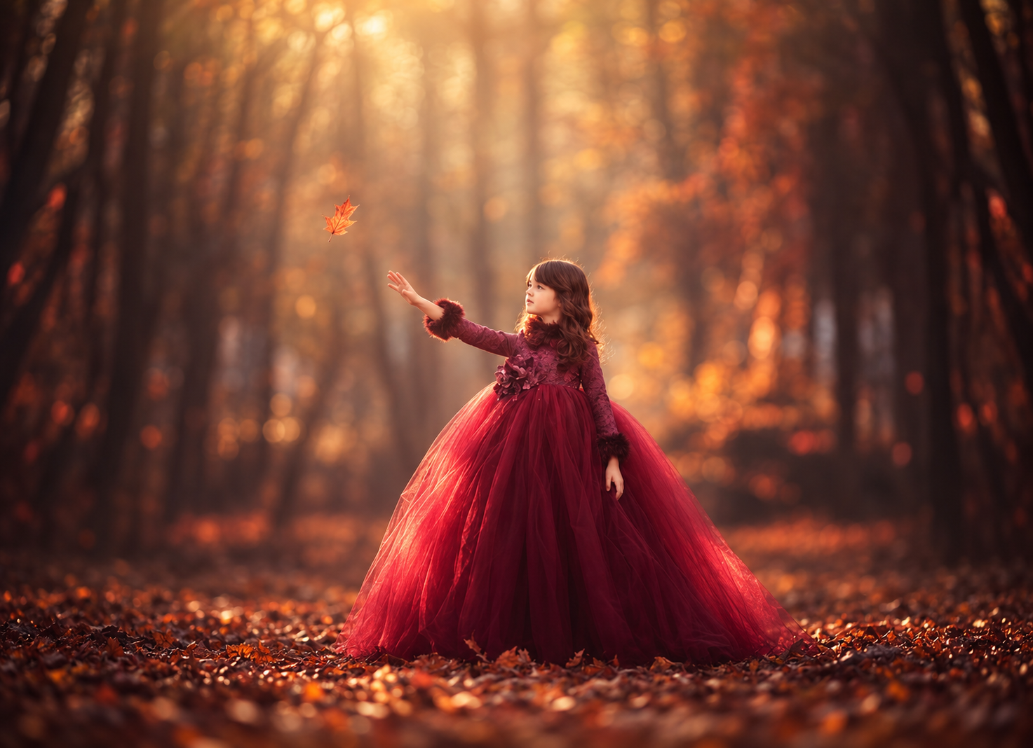 Child in a flowing burgundy dress surrounded by golden fall foliage during a South Jersey photography session.