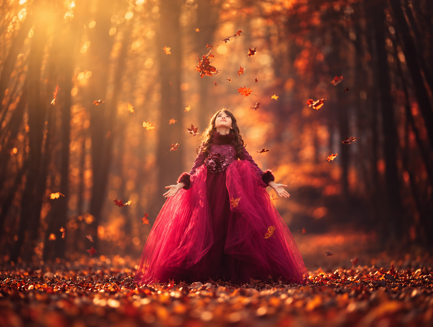 Young girl admiring the fall leaves while wearing a red gown during an autumn portrait session in South Jersey.