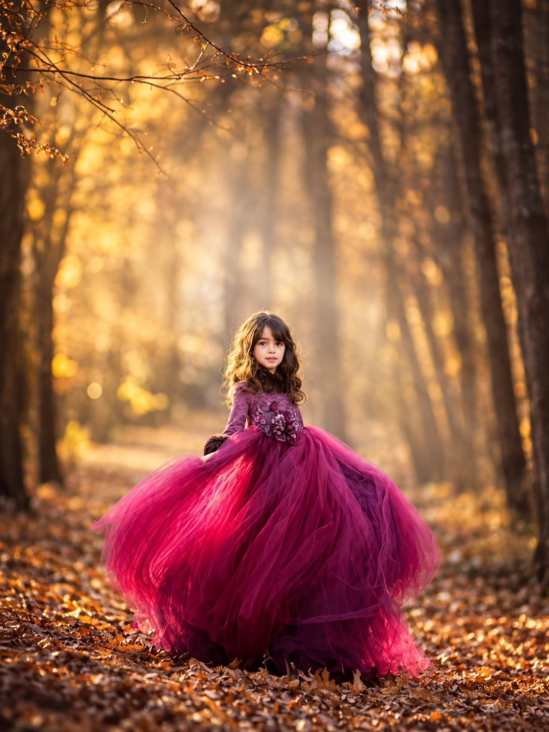 Young girl twirling in a flowing red dress during a magical fall photography session in South Jersey.