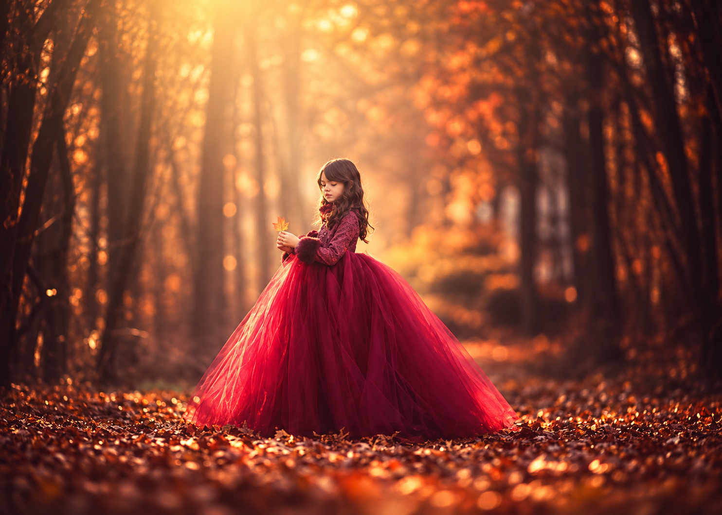 Young girl in a red gown holding an autumn leaf during a fall portrait session in South Jersey.