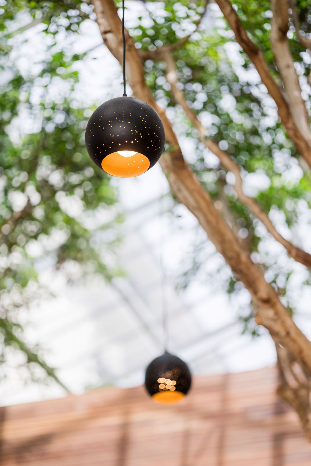 Black spherical pendant lights with star-cut patterns hang from trees, casting warm golden light in an outdoor setting.