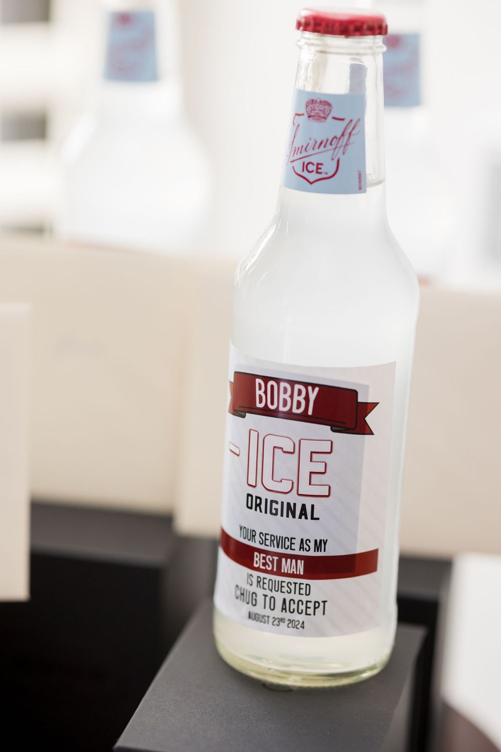 Custom Smirnoff Ice bottle labeled Bobby ICE Original, personalized as a best man proposal gift dated August 2024.