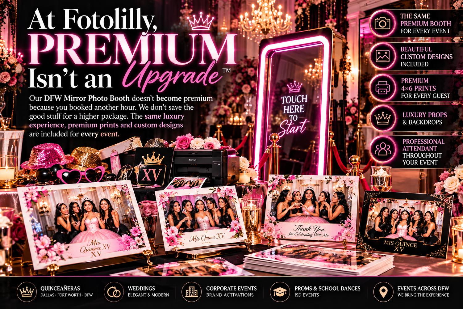 DFW quinceanera photobooth rental near me with premium 5x7 prints, Mirror Booth, custom design and attendant serving Dallas Fort Worth TX