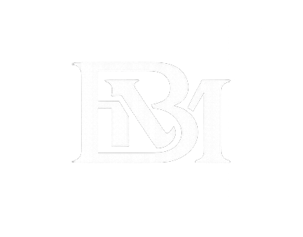 Elegant monogram logo featuring intertwined letters B and M in white outline style on transparent background.