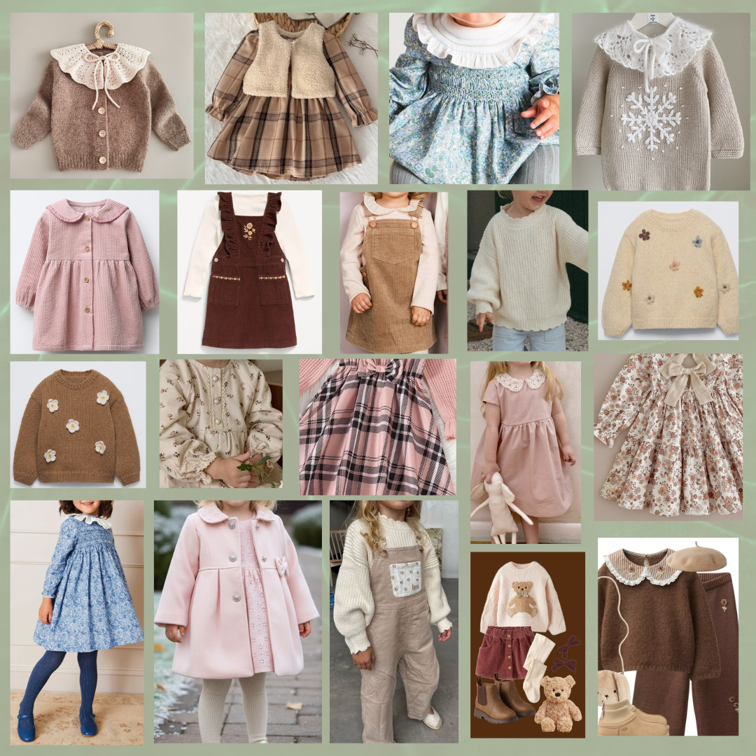 Fashion moodboard collage showing winter outfit styles with cozy sweaters, plaid skirts, and boots in warm brown tones.
