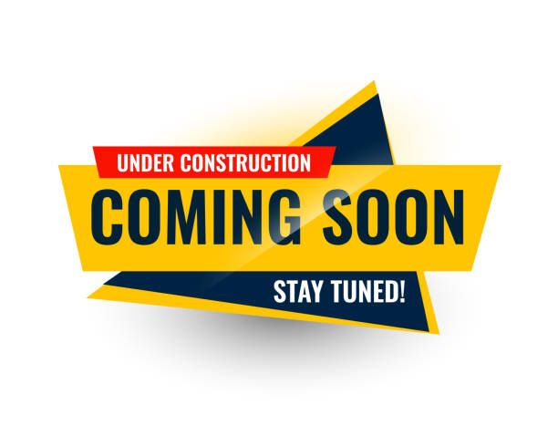 Coming soon under construction yellow and navy graphic banner with stay tuned message.