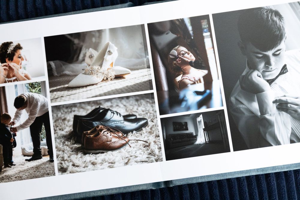 open wedding album with images