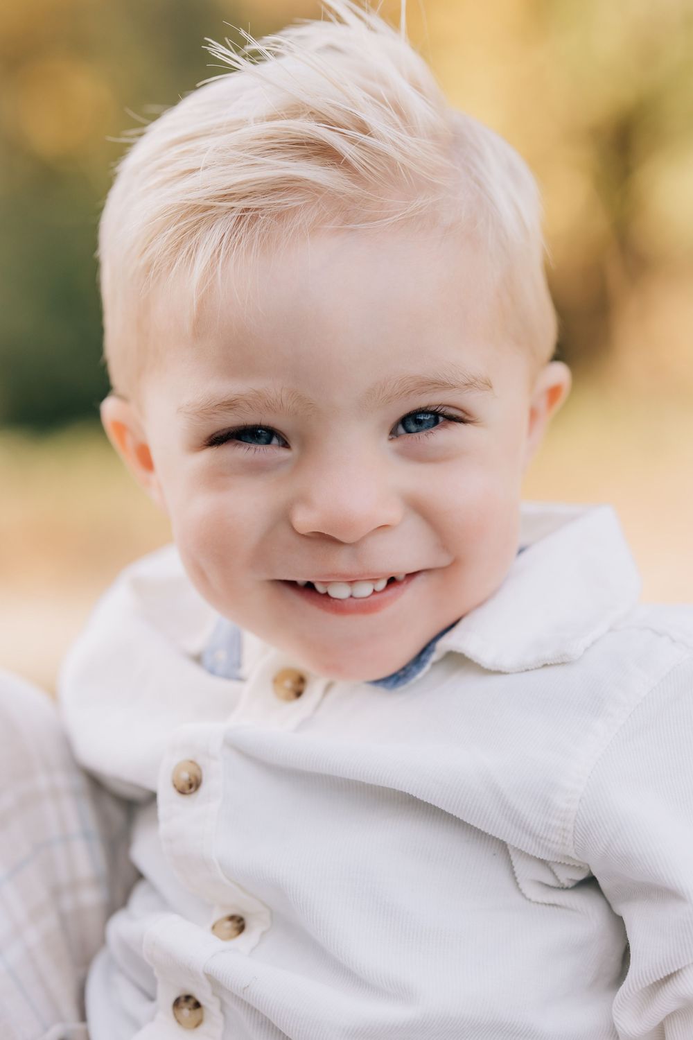 Smiling blonde toddler boy with blue eyes wearing a white button-up shirt outdoors in a sunny park setting.