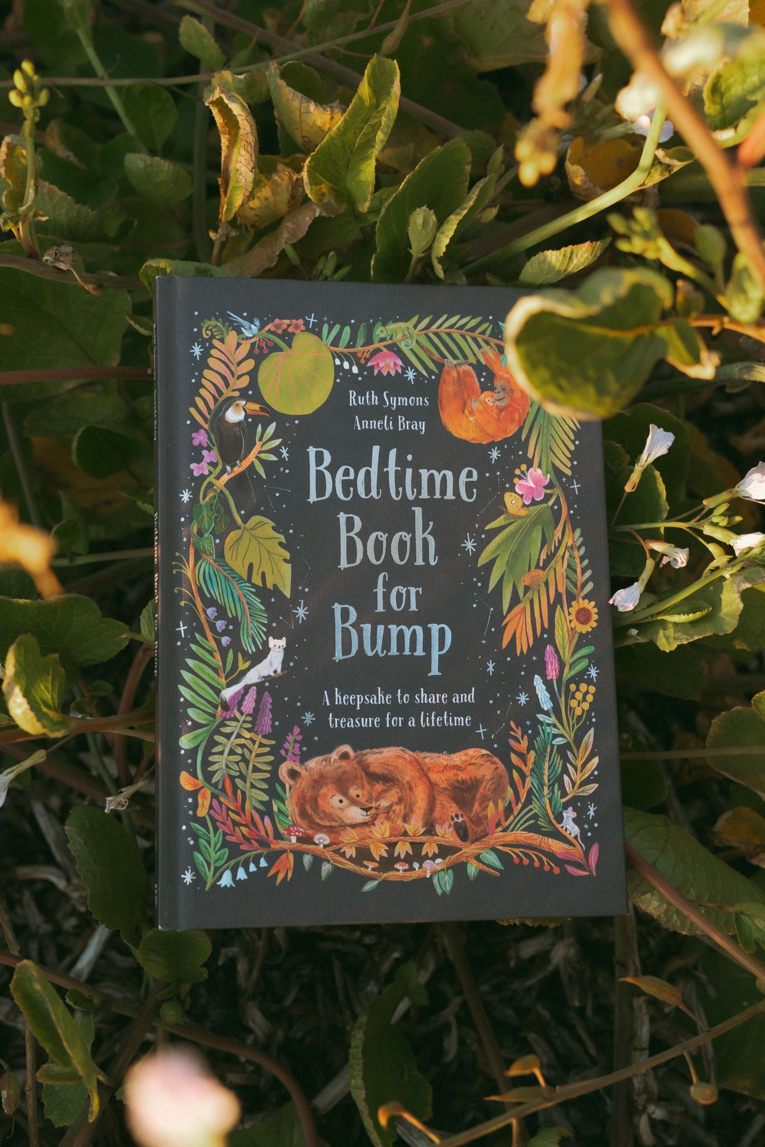 Bedtime Book for Bump by Ruth Symons resting among green leaves, a beautifully illustrated keepsake book for parents.
