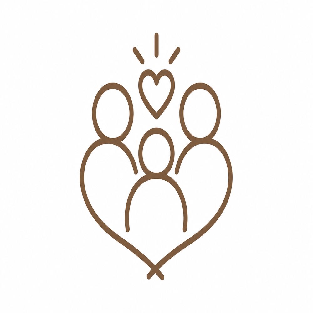 Brown line art icon of three figures united by a heart shape with glowing heart above.