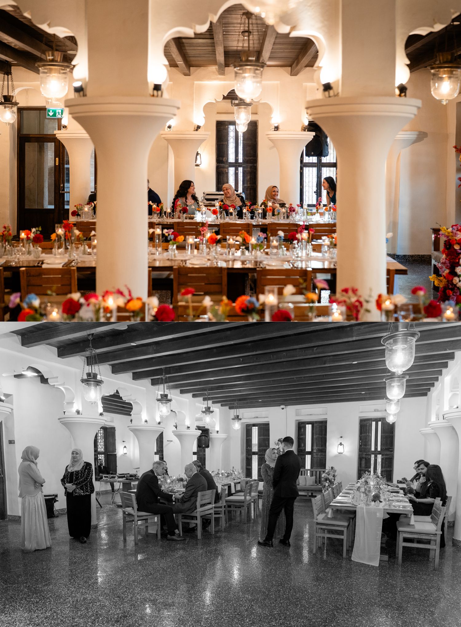 Elegant wedding reception venue with colorful floral centerpieces on long tables, shown in color and black-and-white.