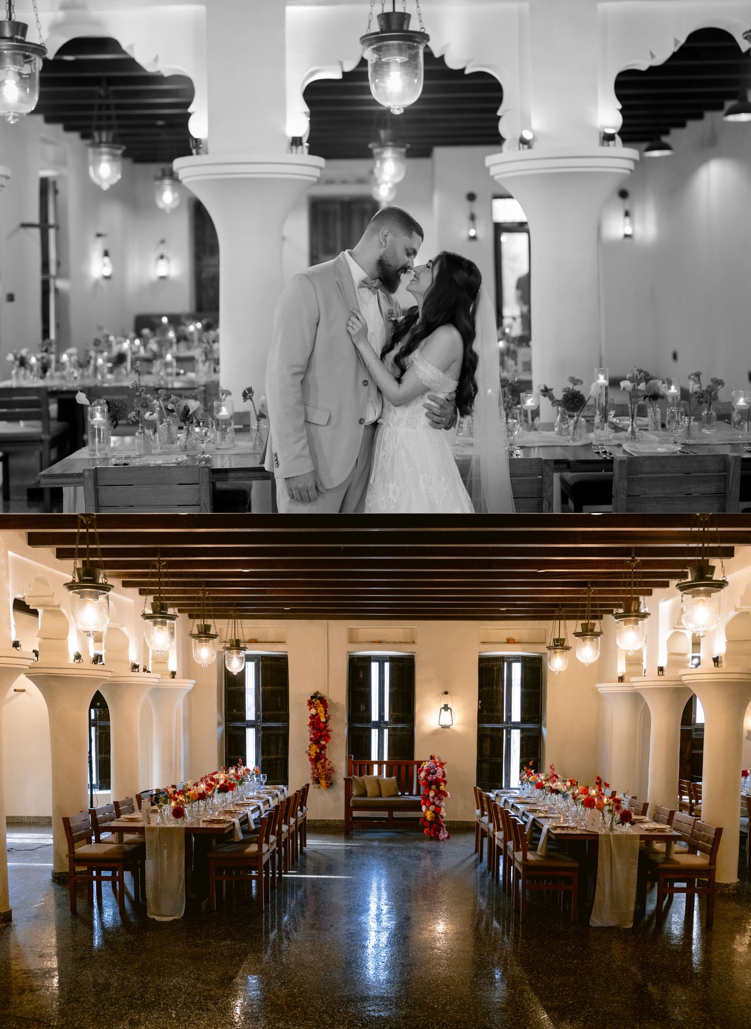 Black and white photo of a couple sharing a romantic moment at an elegantly decorated wedding reception venue.