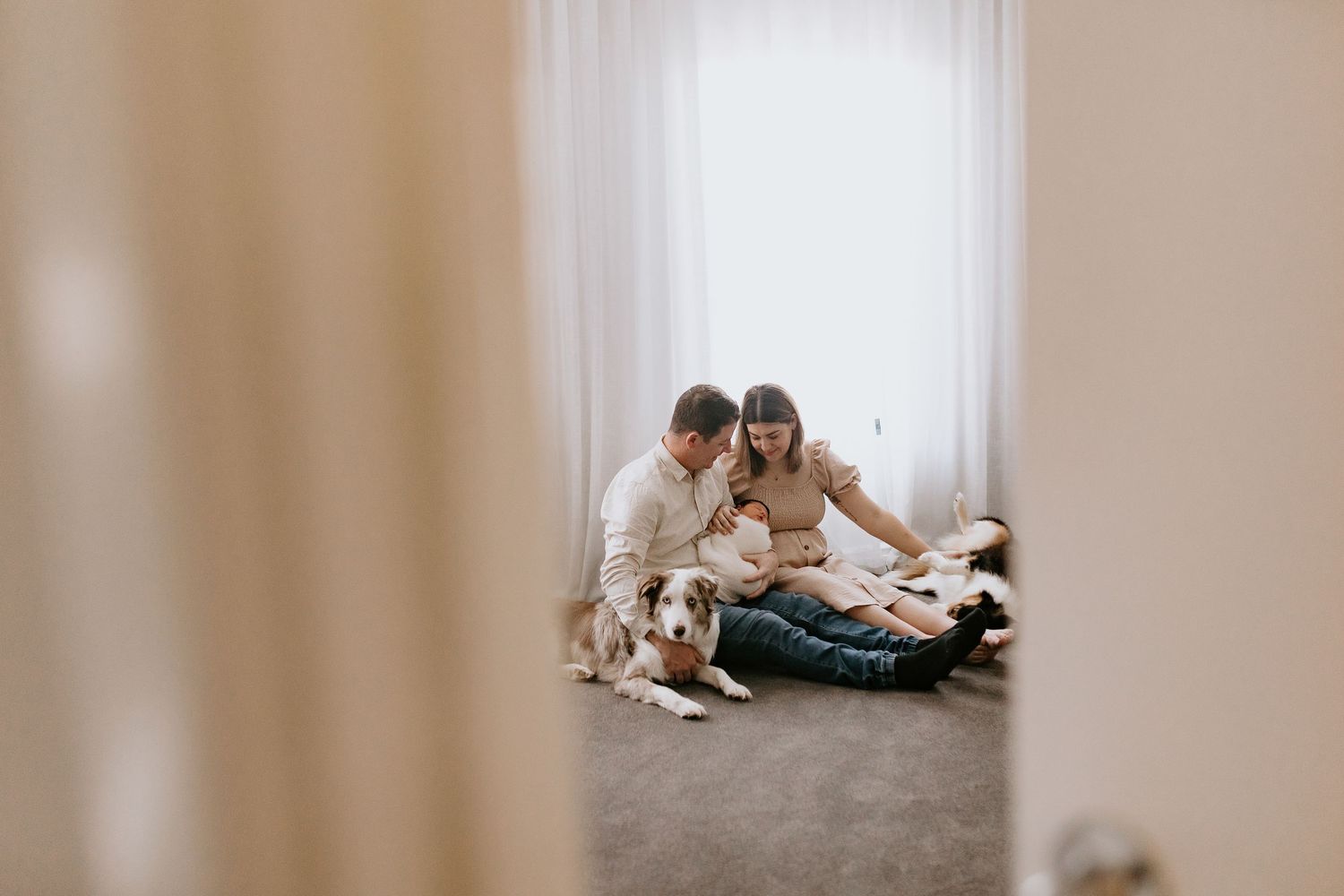 Couple sitting on floor with their dog near a bright window in a cozy home setting.