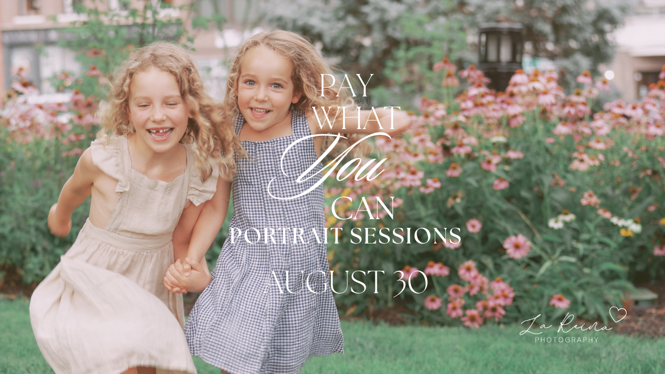 A promotional banner for July mini sessions featuring portraits of families, couples, and children posing outdoors in lush garden settings.
