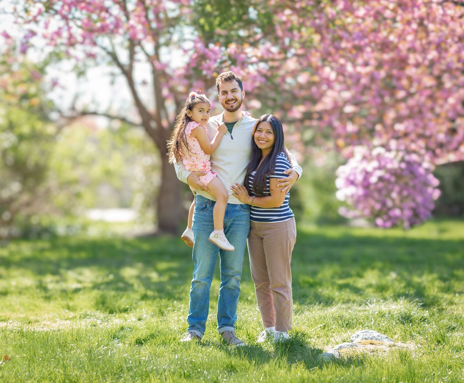 Happy family with young daughter posing outdoors near blooming pink cherry blossom trees on green grass.