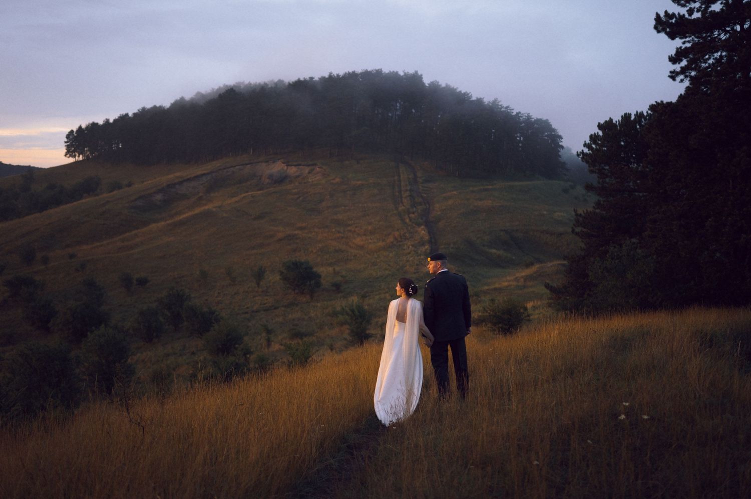 Bride and groom holding hands gazing at a misty green hillside at dusk in a romantic outdoor wedding photo.