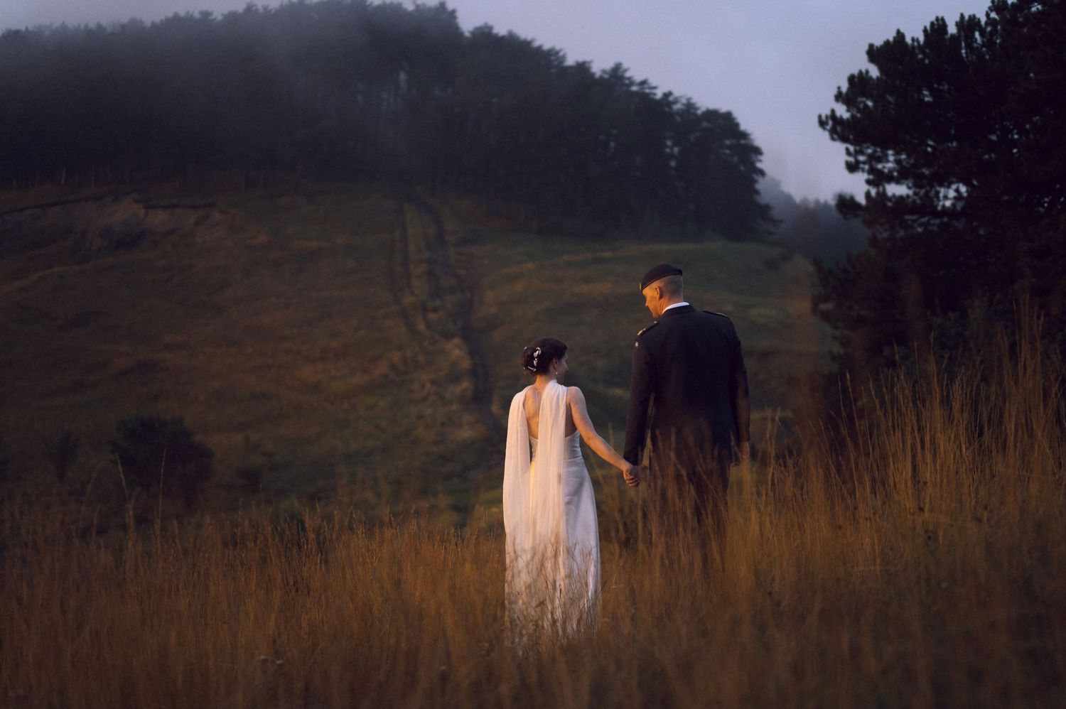 A bride and groom walk hand in hand through golden meadow grass toward misty green hills at dusk.