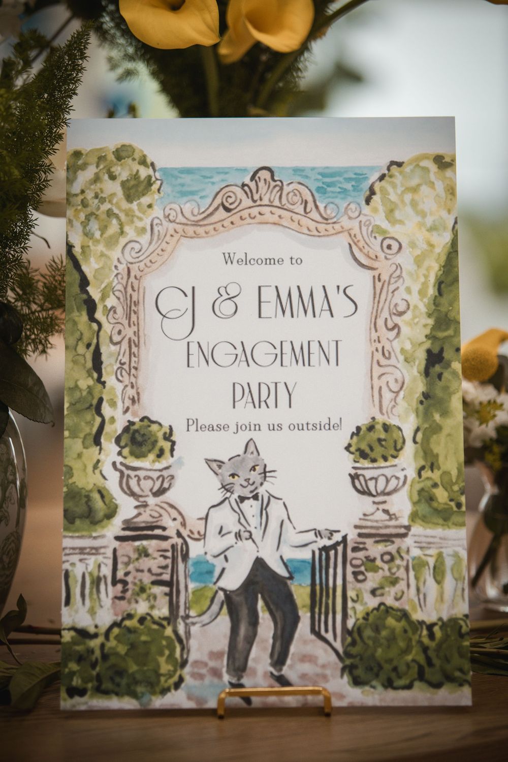 Illustrated engagement party welcome sign for CJ & Emma featuring a dancing fox in tuxedo with garden backdrop.