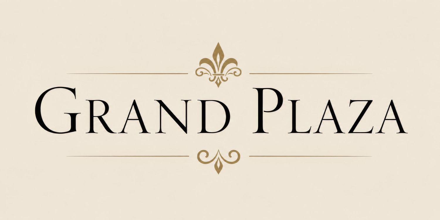 Grand Plaza elegant logo with ornate gold fleur-de-lis emblem on a cream background.