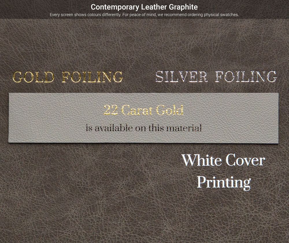 Close-up view of contemporary leather graphite material sample with metallic text overlay showing foiling options.