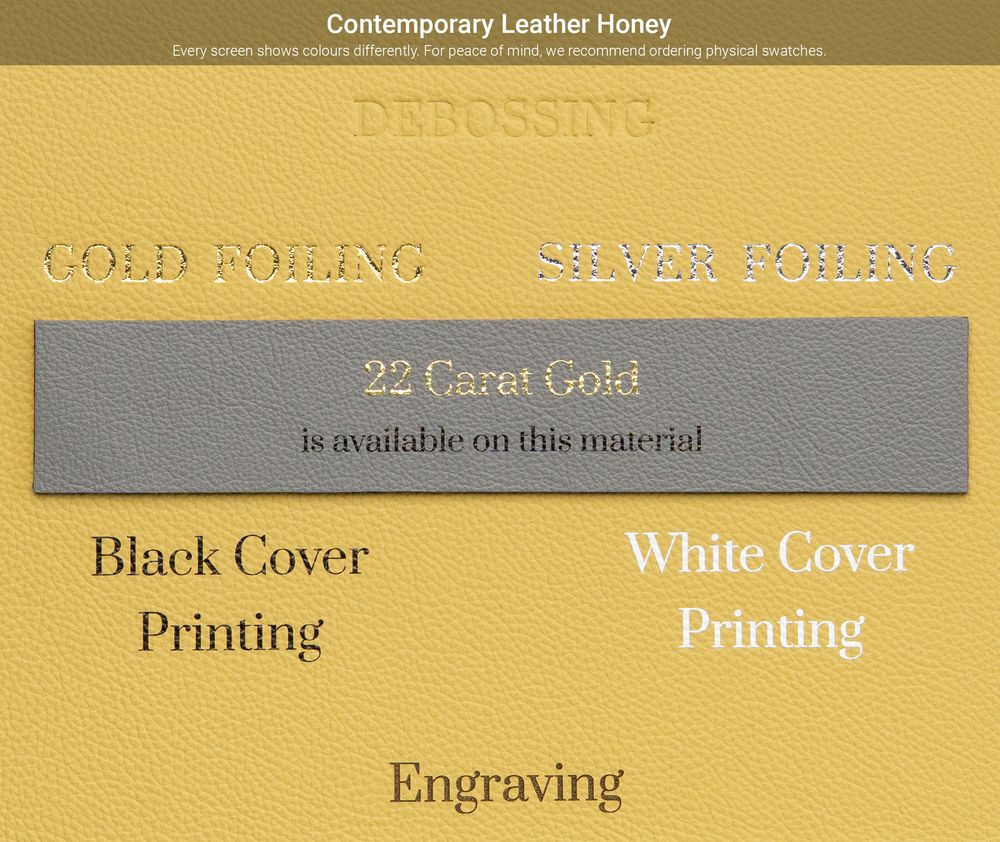 Gold foil samples and text showing various printing and engraving options on contemporary leather material.