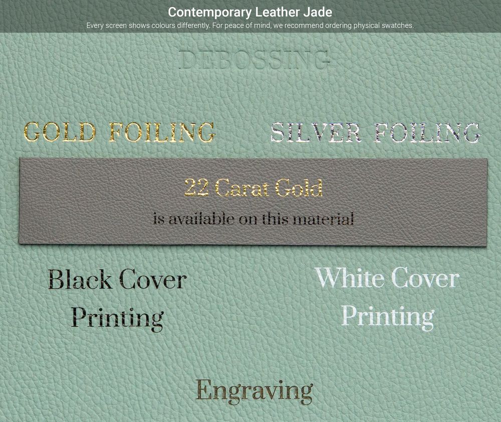 Closeup view of leather material samples in muted green and gray tones showing printing and engraving options.
