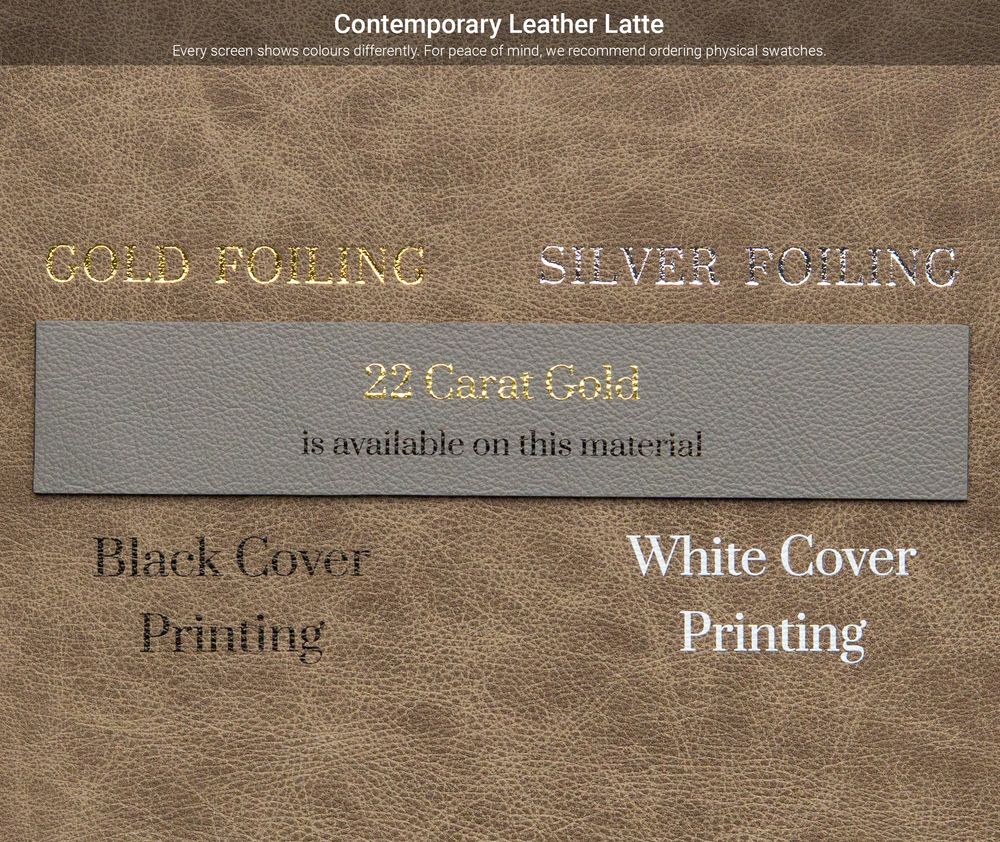 Leather material samples showing different printing and foiling options in gold, silver, and black on textured surfaces.