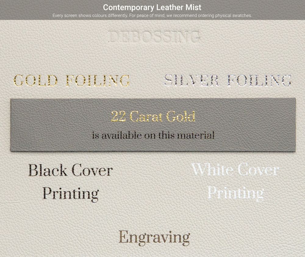 Neutral gray color swatch samples showing contemporary leather mist material finishes and textures.