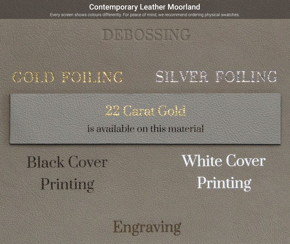 Contemporary leather sample in moorland color showing debossing, foiling, and printing options for customization.