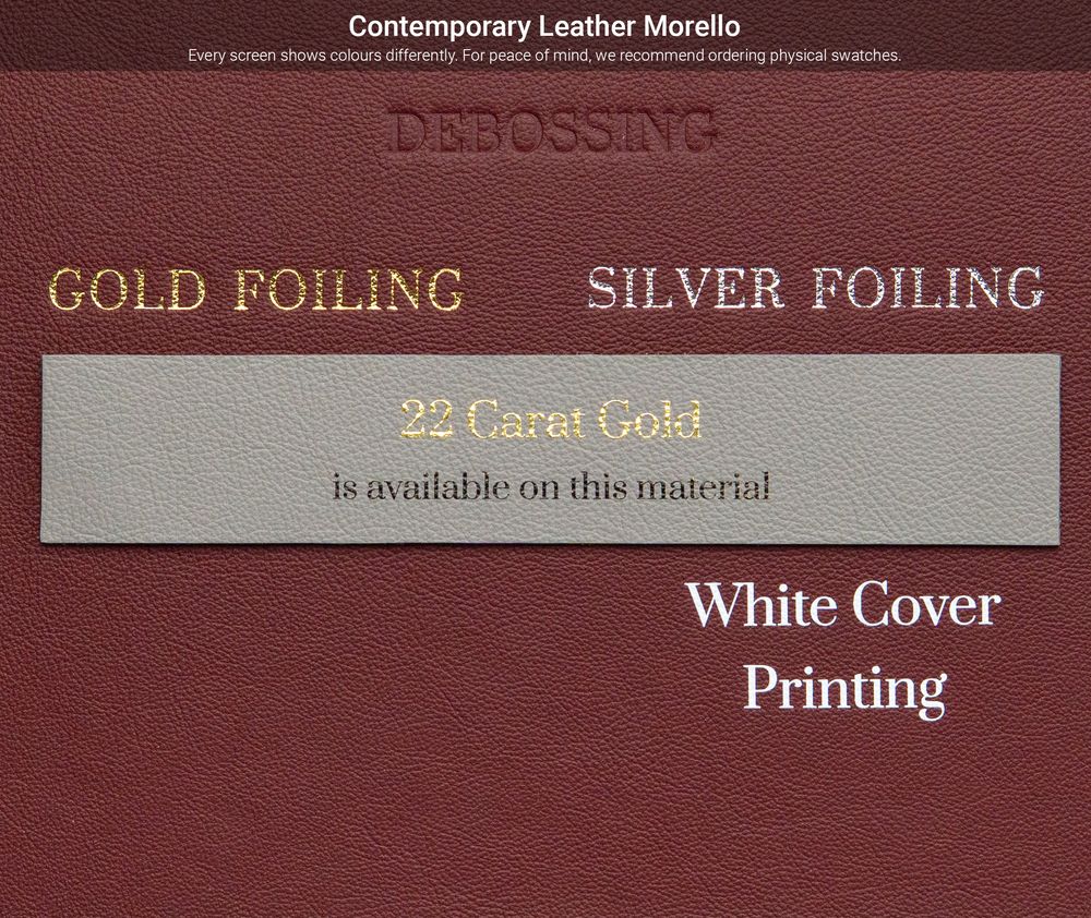 Close-up view of leather material samples showing debossing, gold foiling, and silver foiling printing techniques.