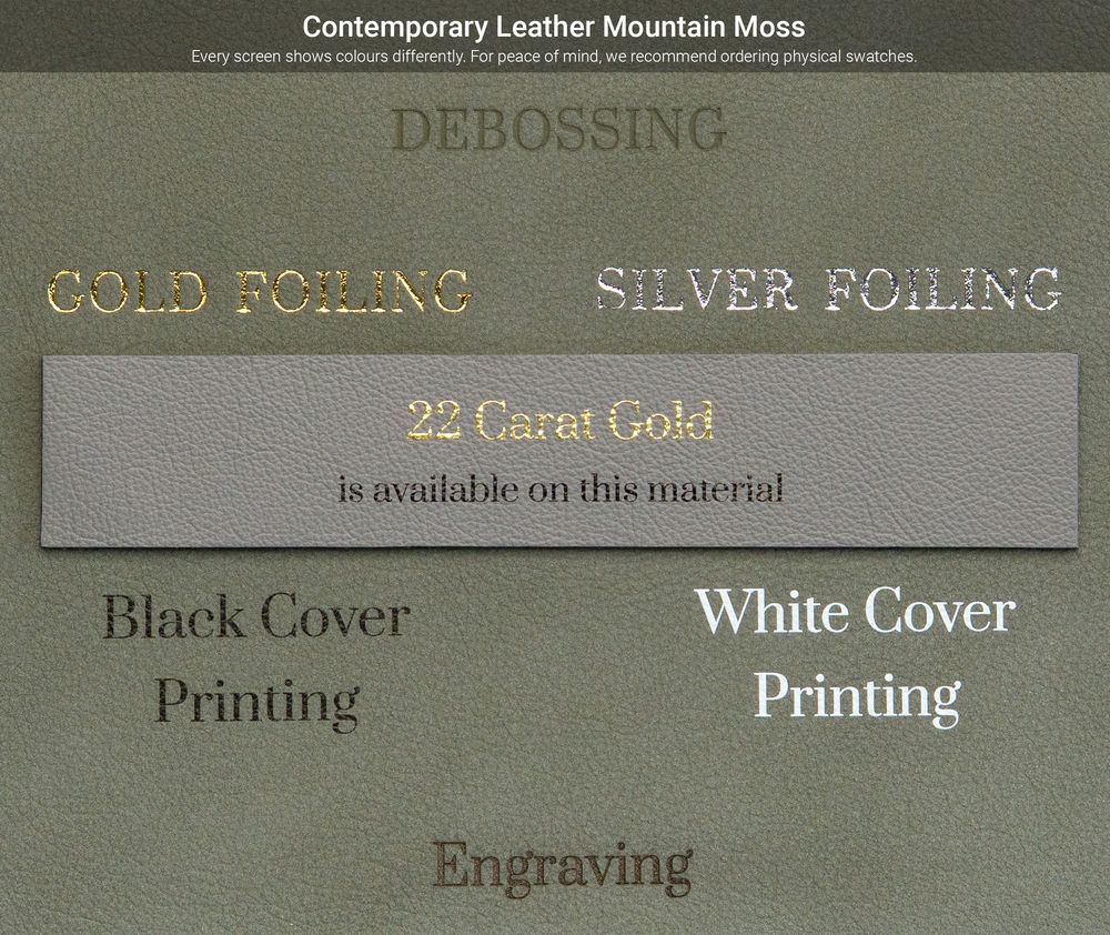 Closeup of leather material sample swatches showing different finishes and textures in muted earth tones.