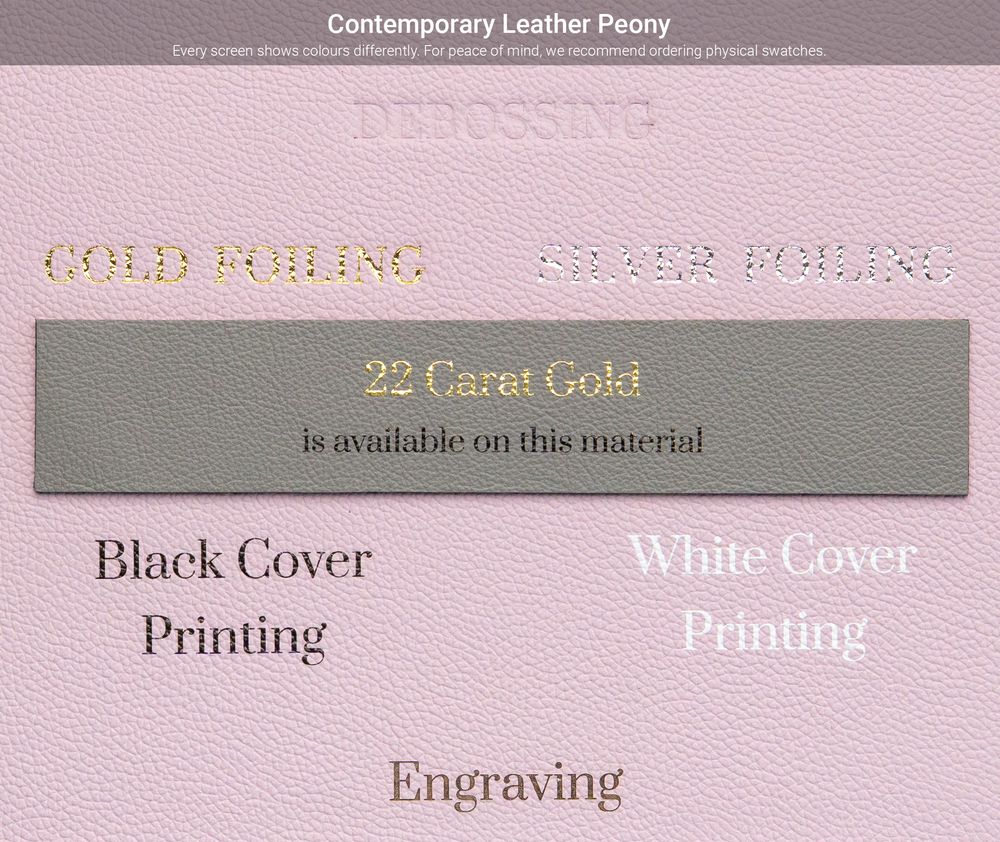 Leather material sample swatches showing different color and engraving options for customization.