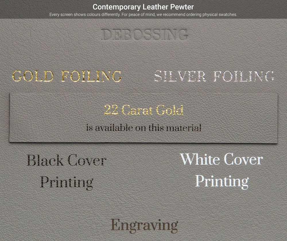 Sample card showing gold and silver foiling options with black and white cover printing and engraving on leather pewter material.