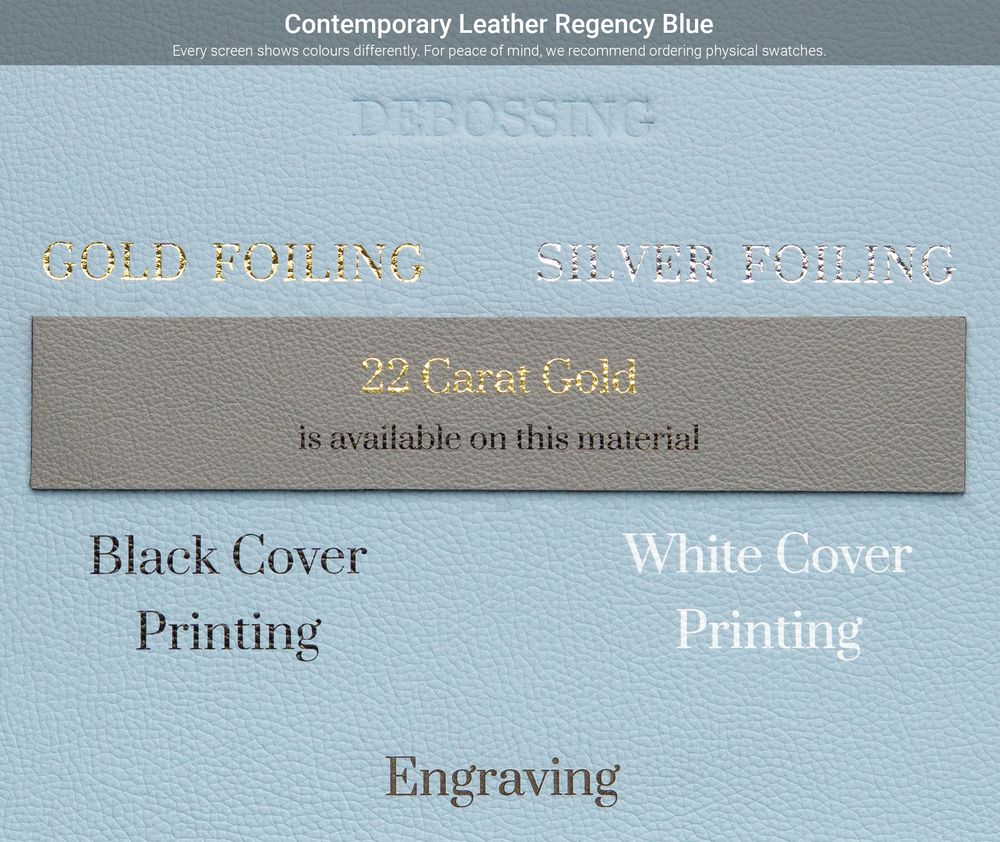 Contemporary leather sample in regency blue displaying debossing, foiling, and printing customization choices.