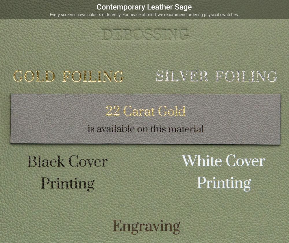 Closeup of olive green leather material texture with text overlays showing various printing and engraving options.