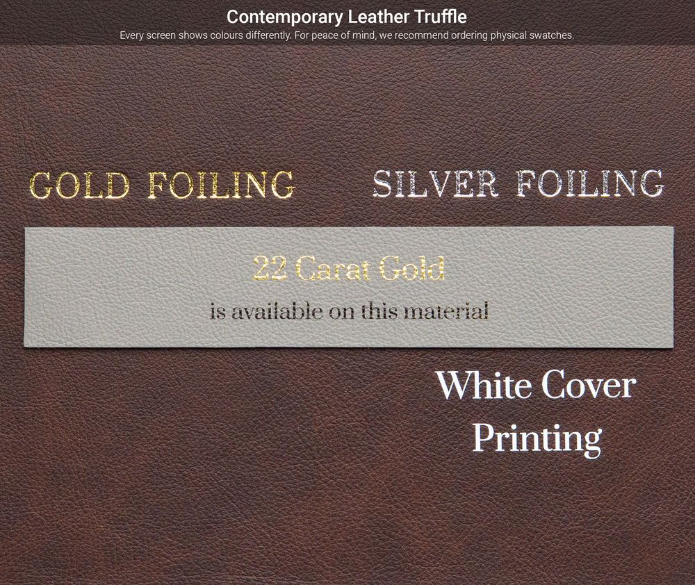 Close-up view of leather material samples showing gold and silver foiling text effects on brown textured surfaces.