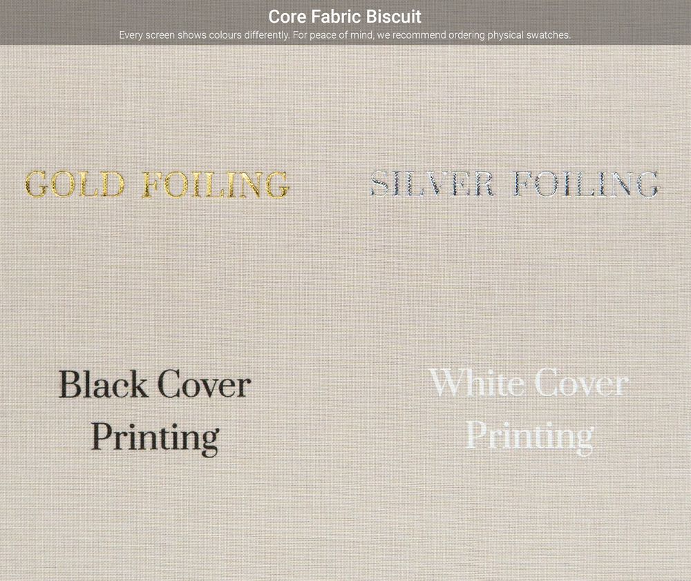 Close-up view of fabric biscuit samples with text labels showing black and white cover printing options.