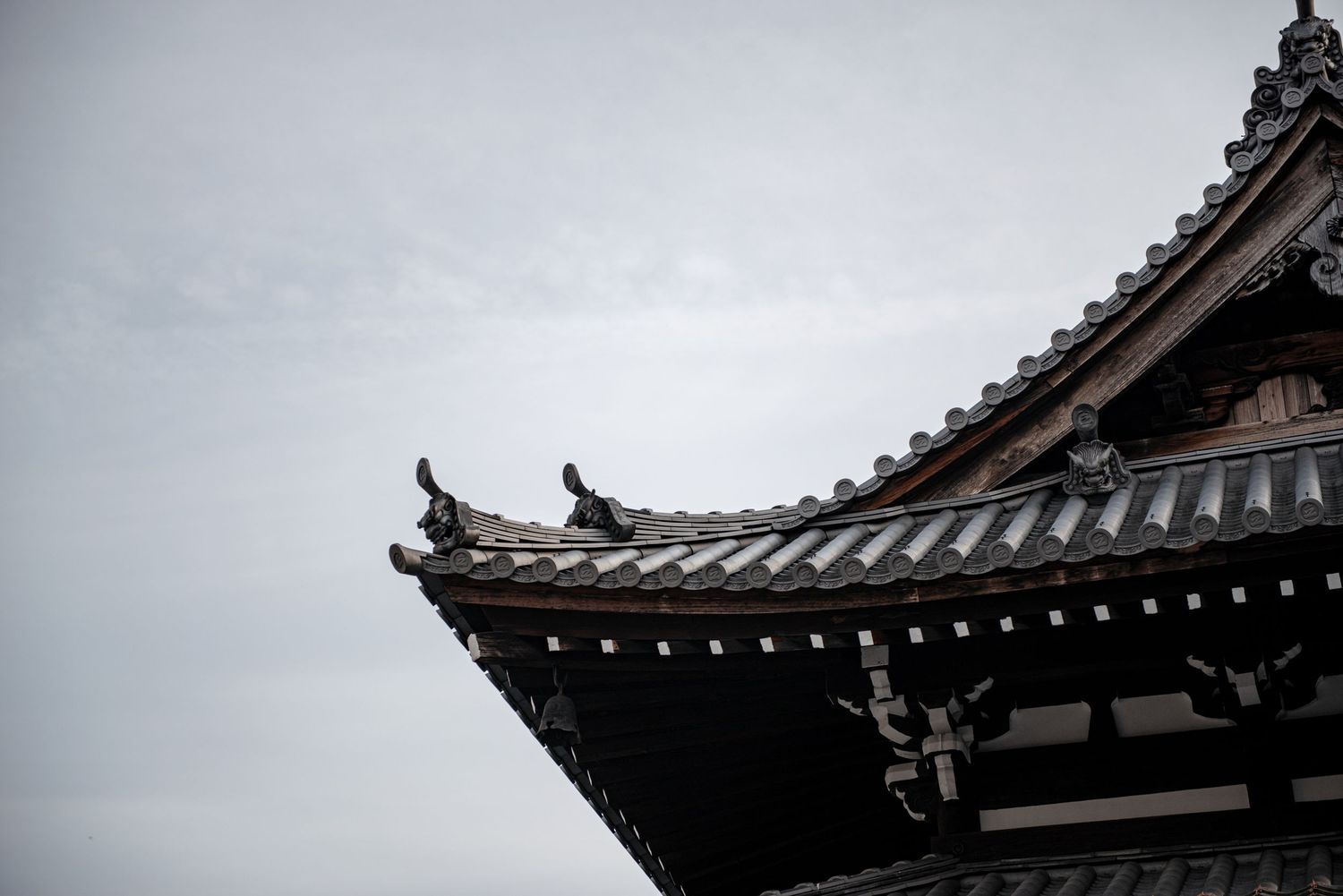 Traditional Japanese temple roof with ornate curved eaves and decorative tiles against a cloudy sky.