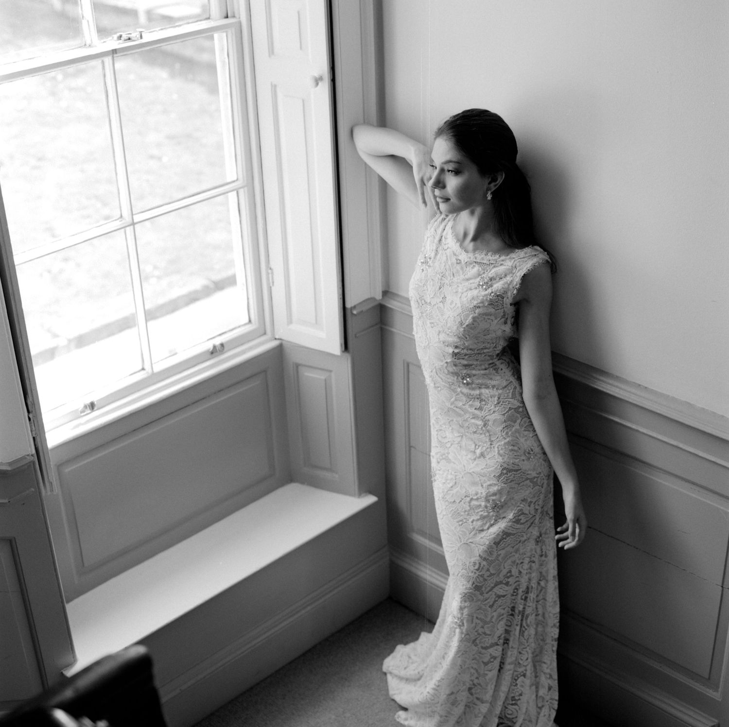 Full bridal photograph in black and white
