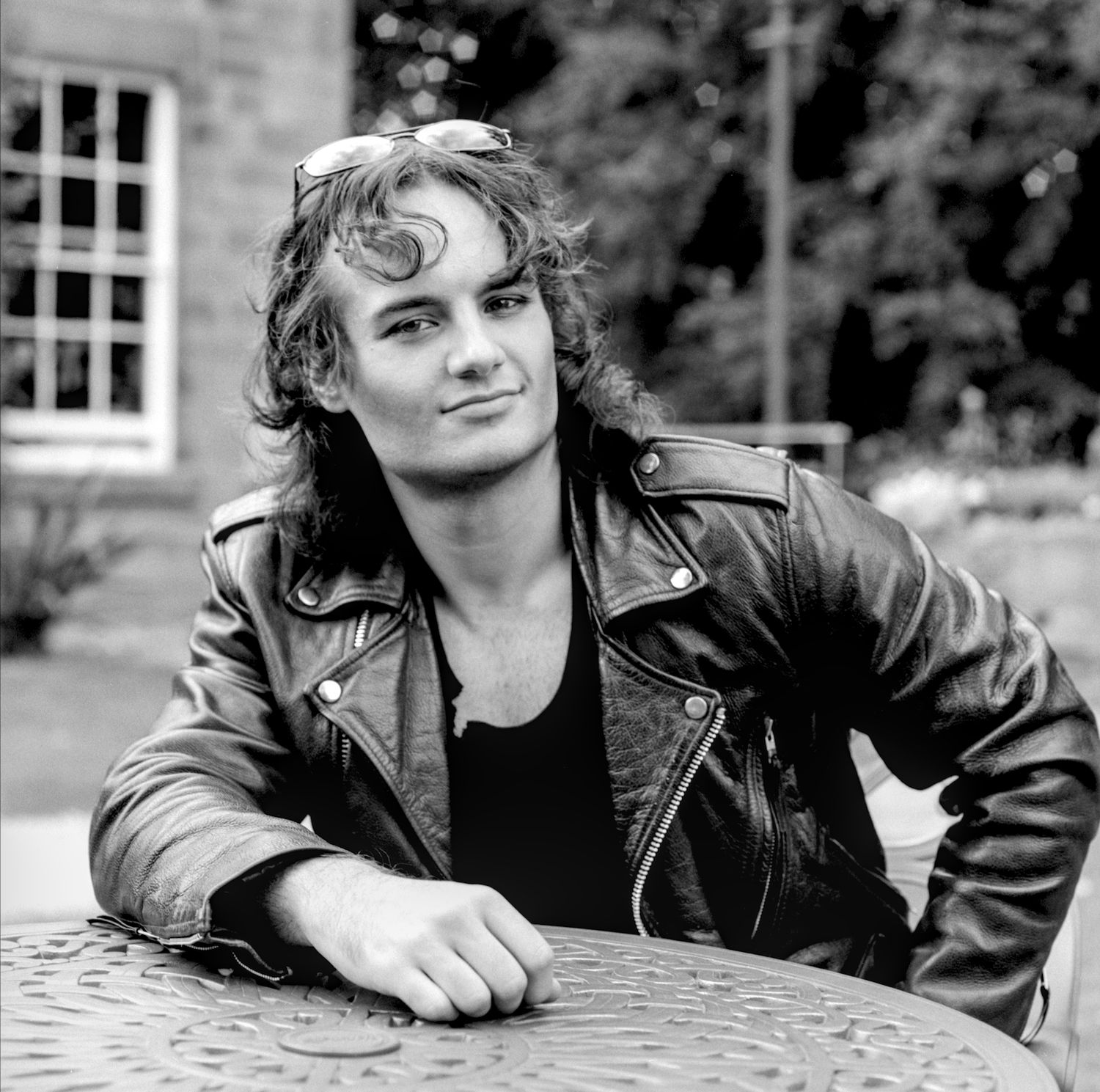 UK model Luke Wilcock wearing Terminator style leather jacket